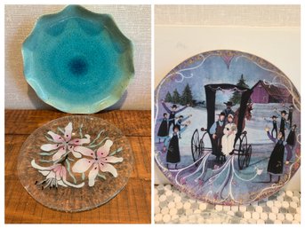 Aqua Scalloped Ceramic Plate From France, Sydenstricker Glass Flower Plate From Germany And Wedding Day Plate