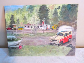 Original Painting Vacation Scene Station Wagon Gas Station