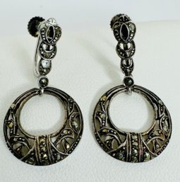 VINTAGE STERLING SILVER AND MARCASITE DANGLE SCREWBACK EARRINGS - GERMANY