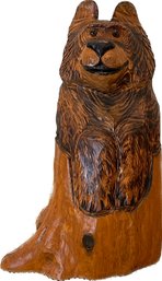 Vintage Wooden Hand Carved Smiling Bear Statue, Signed