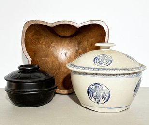 Vintage Asian Crockery And A Carved Wood Salad Bowl