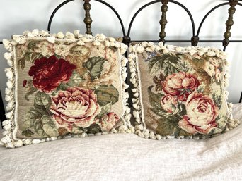 Pair Of Rose Design Needlepoint Throw Pillows