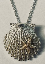 STUNNING 14K STAR FISH ON STERLING SILVER SHELL PENDANT NECKLACE