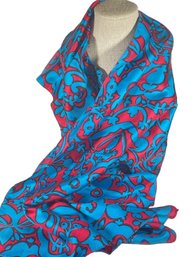 Elongated Scarf Blue And Red Floral Pattern Silk