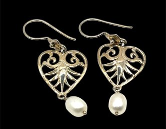 Vintage JGD Designer Sterling Silver Ornate Heart Dangle Earrings