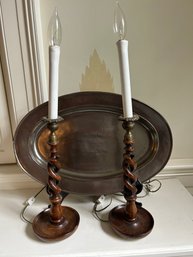 Beautiful Vintage Barley Twist Wooden Candlestick Lamps Paired With A Bronze Tavern Tray