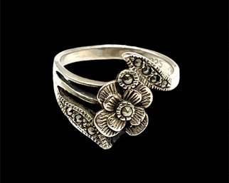 Vintage Sterling Silver Marcasite Flower Ring, Size 6.25