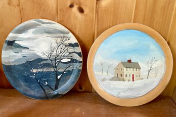 2 Hand Painted Winter Scenes On Wooden Plates