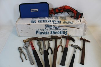 Mixed Tool Lot With Hammers, Pliers, Plastic Sheeting, Dremel Accessory Kit, Etc