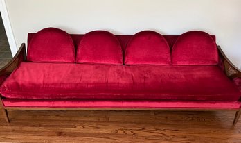 1960s Gondola Mid Century Style Sofa Couch Red And Gold Velvet Four Seater