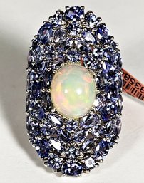 Large Genuine Tanzanite And Opal Cocktail Ring Size 6