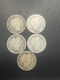 5 Barber Silver Dimes 1908, 1909, 1910, 1911, 1912