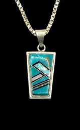 Amazing Navajo Double Sided Inlay Pendant And Italian Sterling Silver Chain