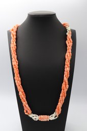 Gorgeous Carved Asian Motif Coral & Fresh Water Pearl Statement Necklace