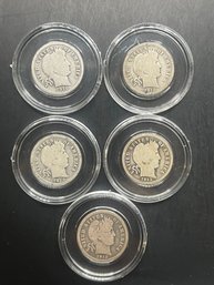 5 Barber Silver Dimes 1908, 1909, 1910, 1911, 1912