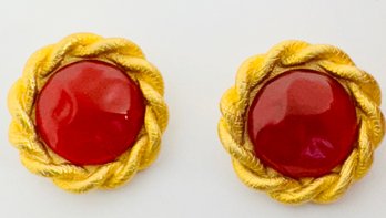 SIGNED DESIGNER ANN TAYLOR GOLD TONE RED MOLDED GLASS CLIP-ON EARRINGS