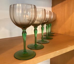 Six Vintage Green Glass Stemmed White Wine Glasses