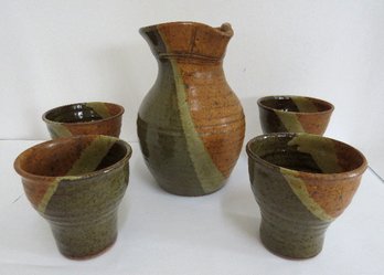 An Outstanding Hand Thrown Glazed Pottery Wine Saki Set - Signed