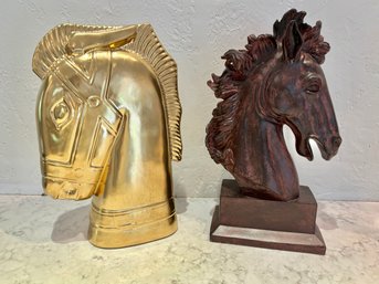 Large Terracota And Brass Metalic Glazed Horse Head Sculpture