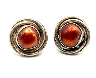 Vintage Sterling Silver Red Beaded Ornate Earrings