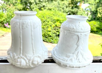 Two Lovely Art Nouveau White Satin Glass Embossed Light Shades