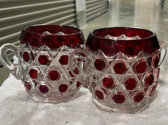 Pair Of EAPG Ruby Flashed Handled Bowls