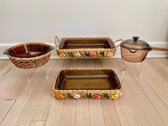 Anchor Hocking & PYREX Brown Glass Bakers With Woven Baskets