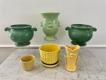 McCoy Pottery Mid Century Vases And Planters In Green & Yellow