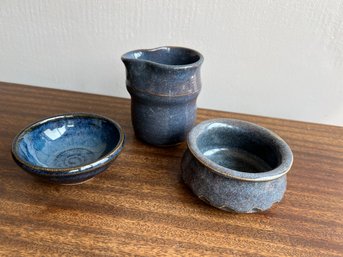 Trio Of Blue Glazed Studio Pottery