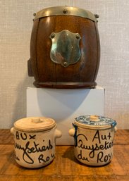 1930's Oak Biscuit Barrel Paired With Two Country French Ceramic Lidded Pots
