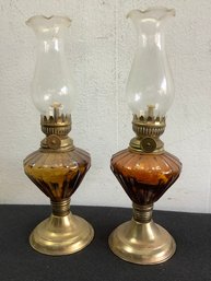 Amber Glass Oil Lamps Lot Of 2