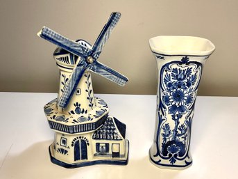Decorative Delft Pieces - Windmill Decanter & Vase