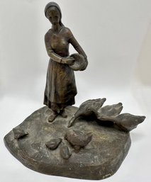 Vintage Peter Tereszczuk Bronze Figurine Of Woman Feeding Ducks, Signed