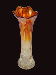 Dazzling 11' Hand Blown Orange Painted With Ruffled Edge Glass Flower Vase