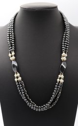 Multi Strand Hematite, Pearl, & Sterling Silver Beaded Necklace