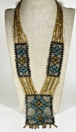 Finely Hand Beaded Micro Glass Beads Necklace Gold, Blue And White