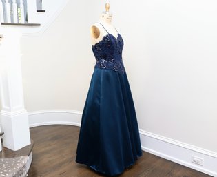 Blue Silk Beaded Corded Lace Gown  With Lapel Lace Bolero Jacket