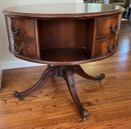 Antique Mahogany Round Rotating Pedestal Table With Shelves