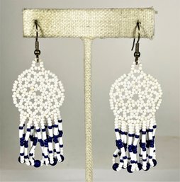 Vintage White And Blue Hand Crafted Micro Glass Beaded Pierced Earrings