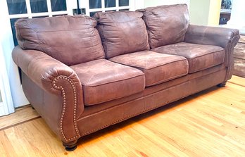 A Comfy Leather Rolled Arm Sofa With Brass Nailhead Trim (2 Of 2)