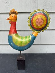 Vintage Decorative Metal Rooster On Wooden Stand