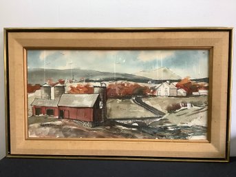 Framed Signed Watercolor Barn Landscape