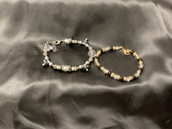 Lot Of 2 Bracelets: Beaded Gold, Black And Silver Tone With Hematite