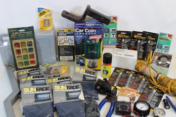 Mixed Automotive And Electrical Items Featuring Roadside Kit, Fuses, Sunshades, Gauges, Hitches, Lighting, Etc