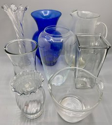 7 Glass Vases, Pitcher & Ice Bucket