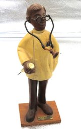Vintage Wooden Carved Doctor Statue With Brass Plate