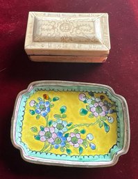 Vintage Miniature Chinese Cloisonne /enamel Plate Paired With Antique Hand Painted Bone Miniature Box