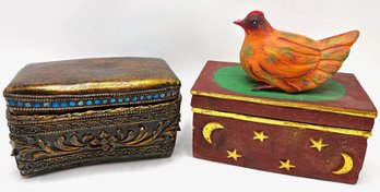 2 Vintage Decorative Boxes: Embellished From India & Wood With Chicken