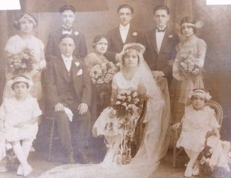 FRAMED ANTIQUE SEPIA TONED WEDDING PHOTOS: Two Bridal Parties, Circa 1920, Bride, Groom, Flower Girl, Romance