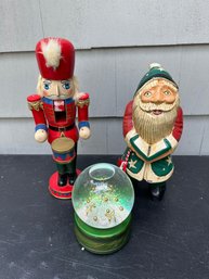 Christmas Tree Snow Globe Music Box Paired With Nutcracker And Wooden Santa